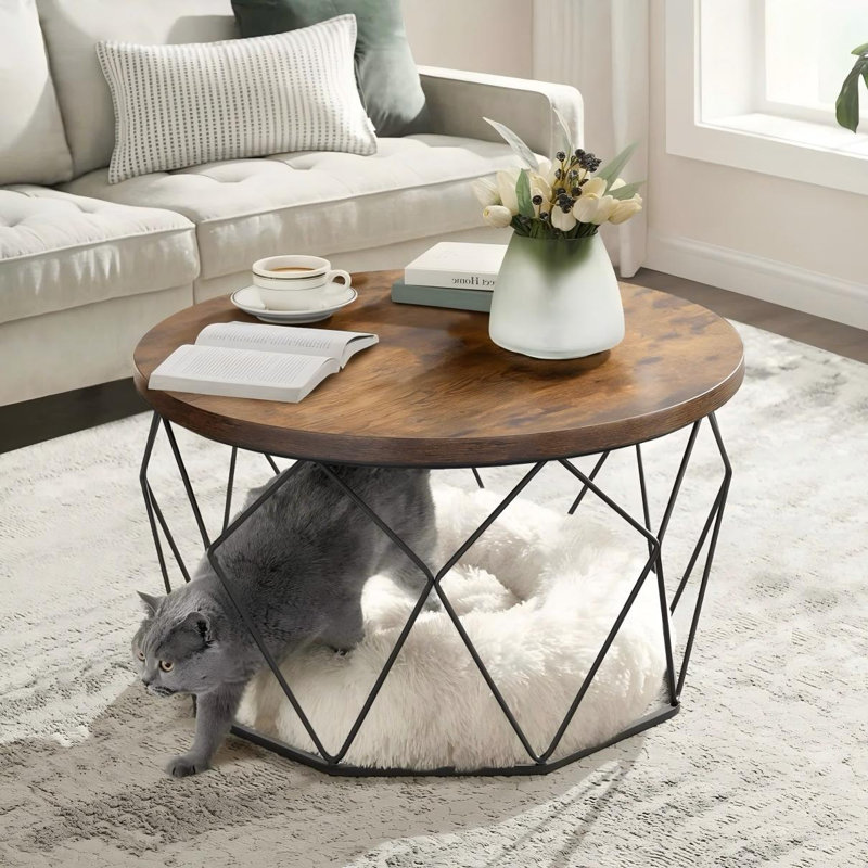 Glennis 31.5" W Round Coffee Table with Steel Base and Manufactured Wood Top, Rustic Brown