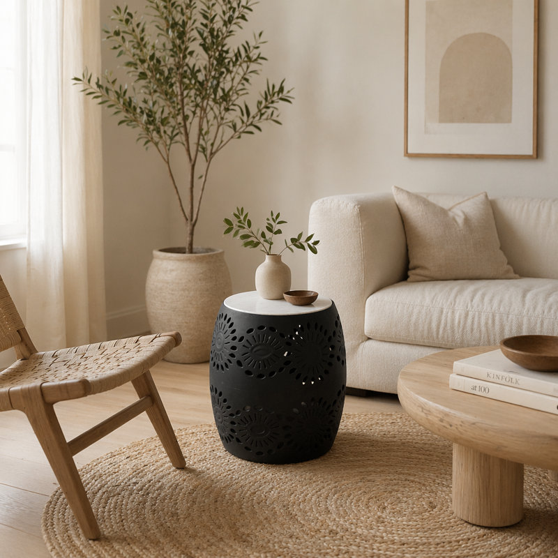 Table d'appoint Decor avec plateau en marbre blanc et structure en métal noir