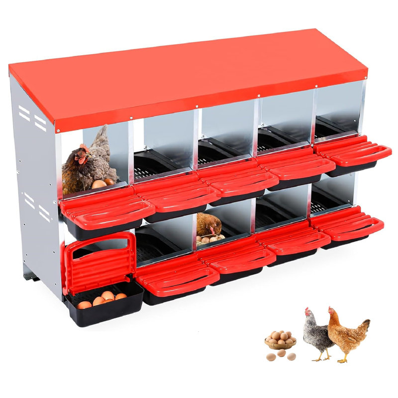 Nesting Boxes For Chickens, Chicken Nesting Box, Roll Away Nesting Box, Chicken Laying Boxes, Nesting Box For Hens With Lid Cover For Chicken Coop, 10 Compartments, Red
