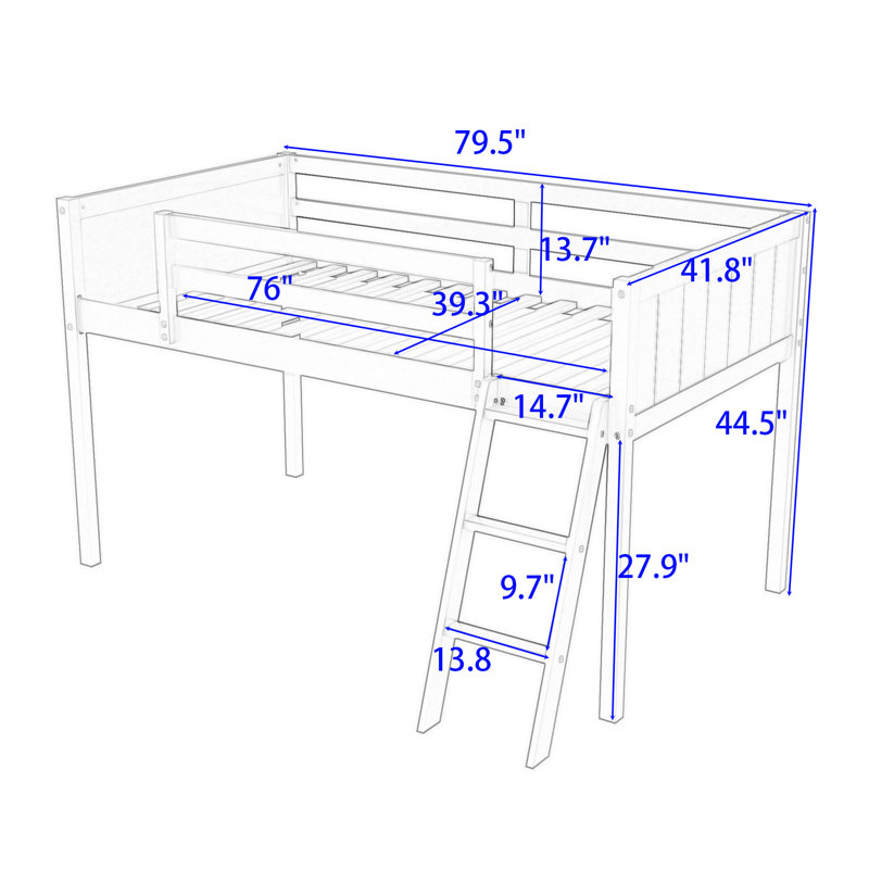 Lit mezzanine simple en bois avec échelle, lattes et garde-corps Jeanny, Blanc