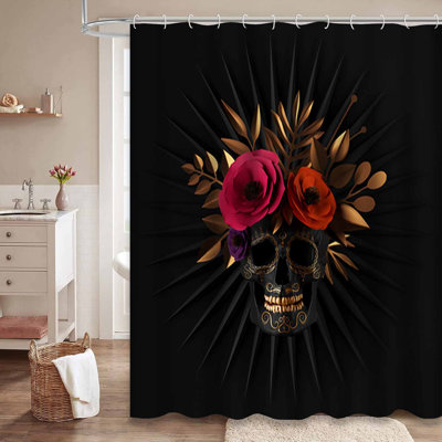 Floral Skull Red Flowers Gold Black Shower Curtain with 12 Hooks