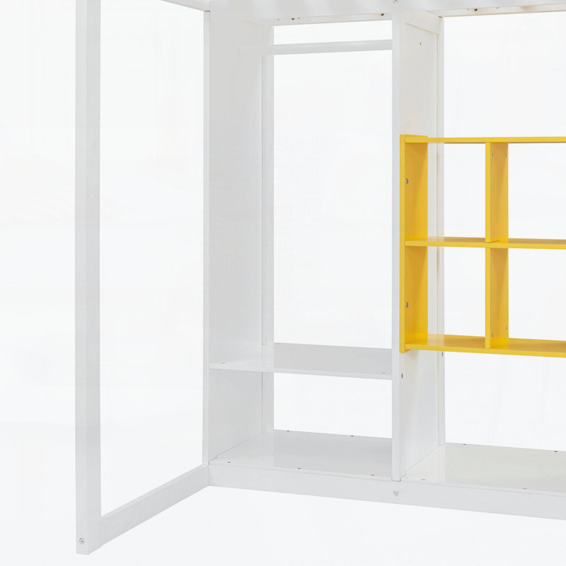 Lit en bois avec garde-robe, tablettes et armoire, Simple, Jaune / Blanc