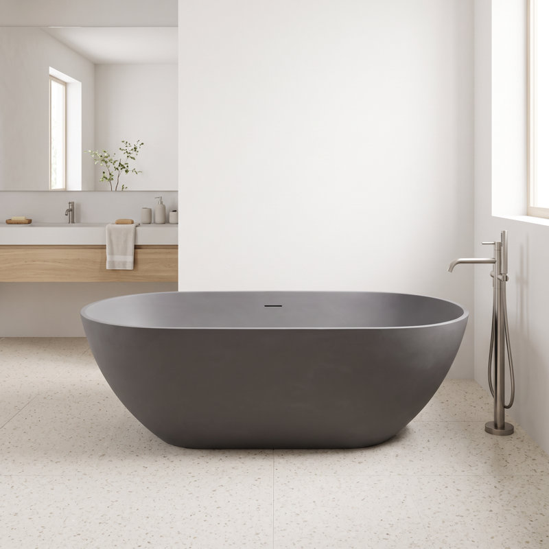 Baignoire autoportante contemporaine en résine d'ingénierie en pierre solide de 63 po x 30 po, fonction de trempage profond avec trop-plein et composants de bonde escamotable, gris mat