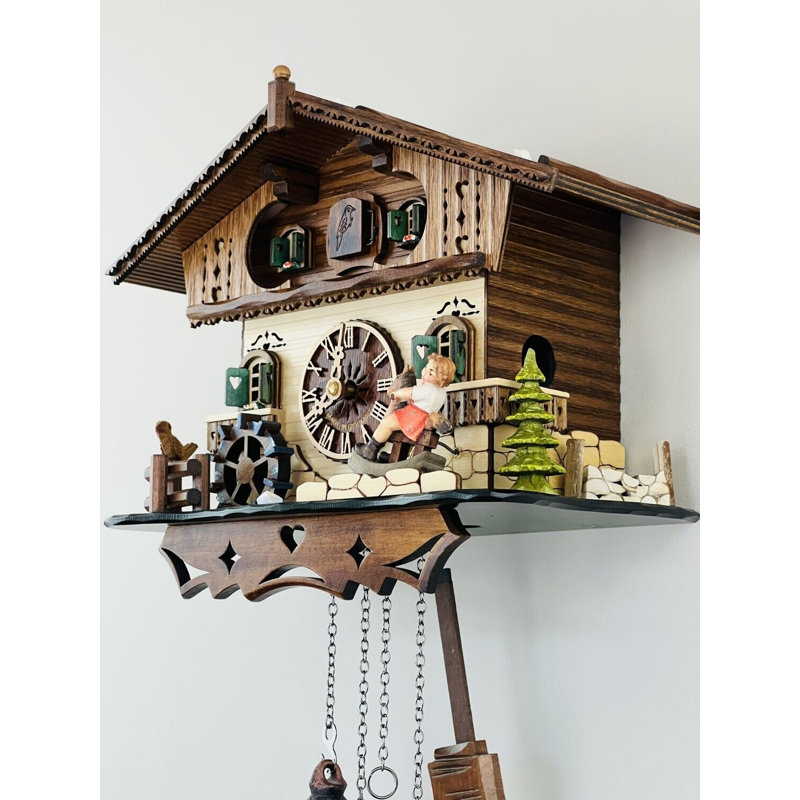  Horloge coucou à quartz allemand avec roue à eau en mouvement et fille à bascule, 12 mélodie