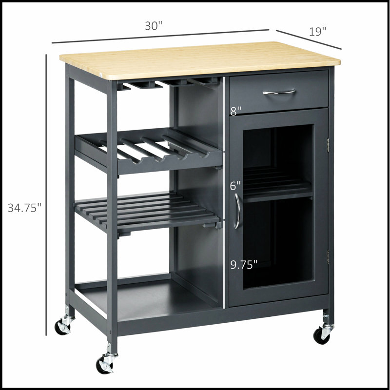 Utility Kitchen Cart, Rolling Island with Rubberwood Top, Narrow Design, Storage Drawer & Cabinet for Modern Kitchens, White