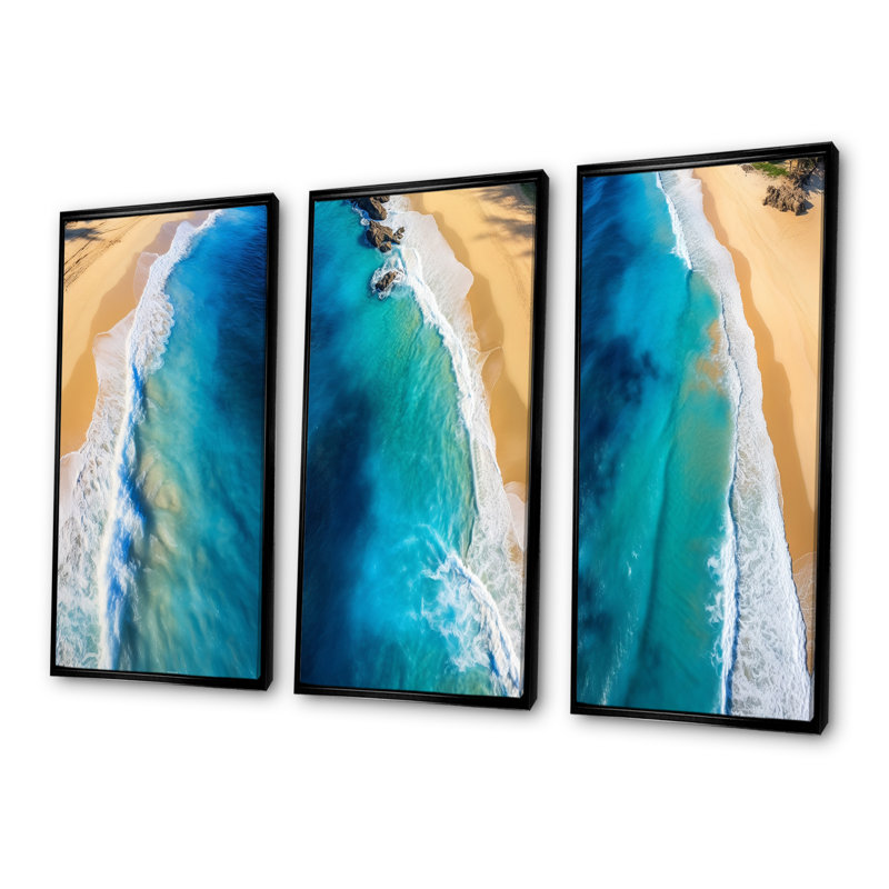 Blue Waves Aérien Beach Escape I - Ensemble de 3 décorations murales plage côtière, Cadre flottant noir, H 32 po x l 48 po