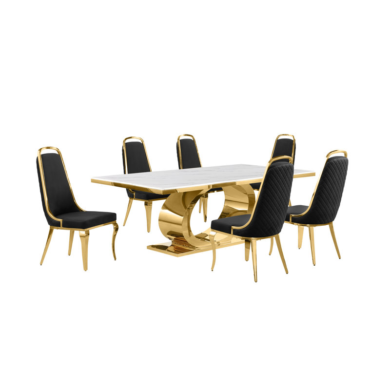 Bankston Marble Top Pedestal Dining Set, 7, Black/Gold, Gold
