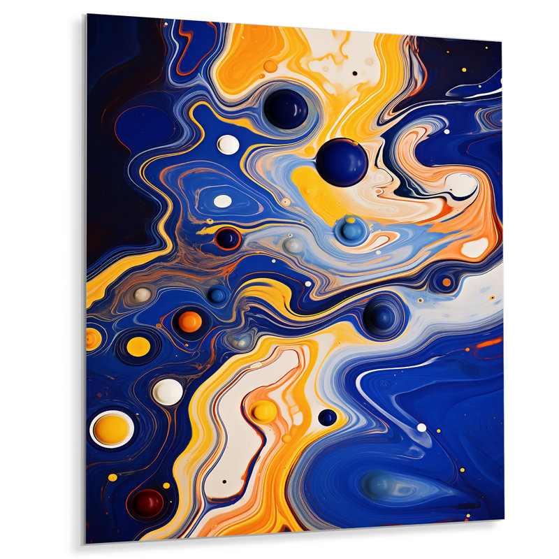 Jaune et bleu, liquide, encre de rivière III - encre liquide, art mural abstrait en métal, H 40 po x l 30 po x P 1,5 po