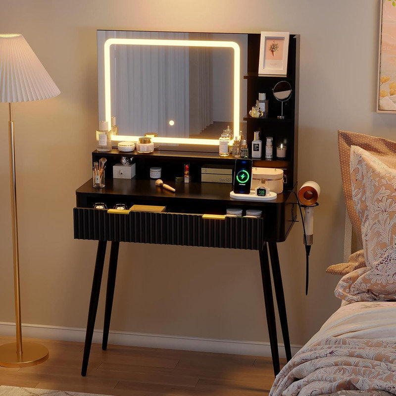 31.5" Vanity Desk with Mirror & Lights, Makeup Table with 2 Drawers & Power Outlet for Bedroom, Black