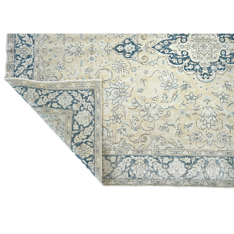 High-Quality Hand-Knotted Ivory And Blue Area Rug