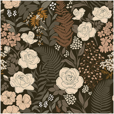 Peel and Stick Wallpaper Floral Vintage Removable Rose Leaf Black/Brown/Beige Stick on Fall Mural 17.3in x 32.8ft