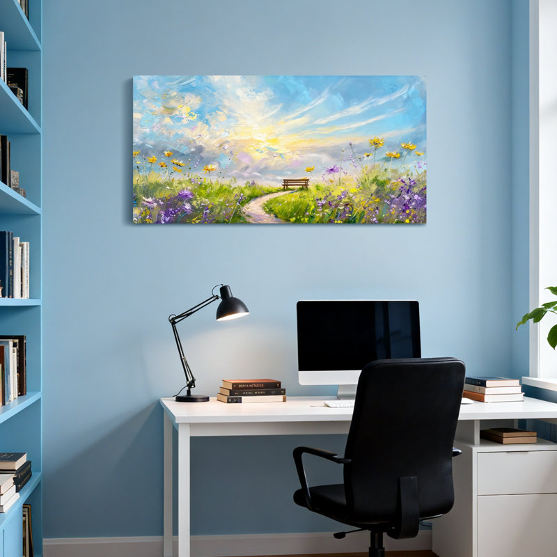 Plantes et fleurs ensoleillées à travers un champ de fleurs colorées, H 16 po x l 32 po