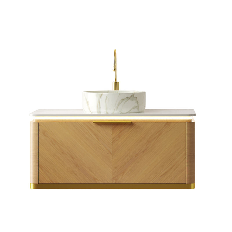 Meuble-lavabo de salle de bain 36 po DIPA, armoire de rangement en contreplaqué flottant, tiroir avec poignée et capteur de lumière, vasque en céramique blanche à motif de pierre et plateau en pierre frittée, pré-assemblé, couleur grain de bois espresso