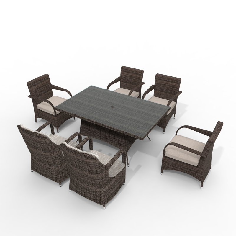 Algird 6 - Person Wicker Patio Dining Set with Rectangular Table , Cushions Included, Brown