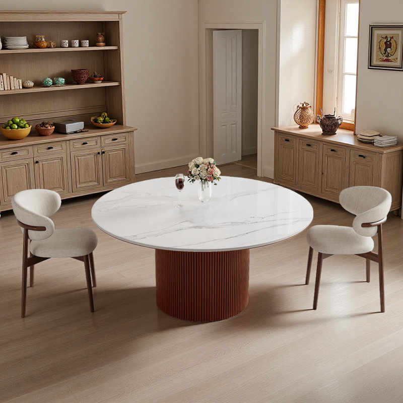 59'' Modern Round Sintered Stone and Wood Top Dining Table with Lazy Susan, Luxurious Dining Room Table with Brwon Wood Base for Home, Kitchen, Living Room