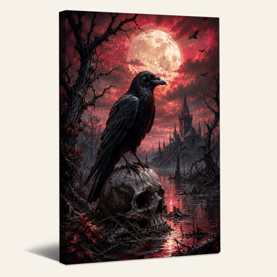 Raven Perched on Skull Near Gothic Castle Under Halloween Canvas Wall Art