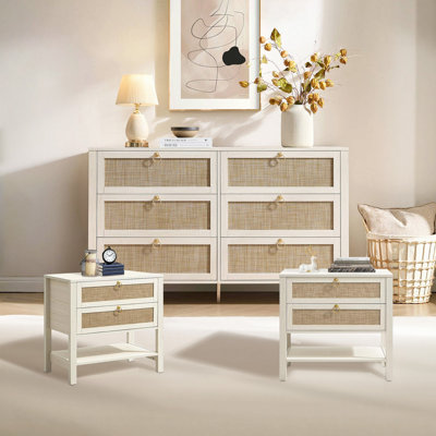 Boho Rattan 3 Piece Bedroom Set, Farmhouse 6-drawer Dresser And 2-drawer Nightstands