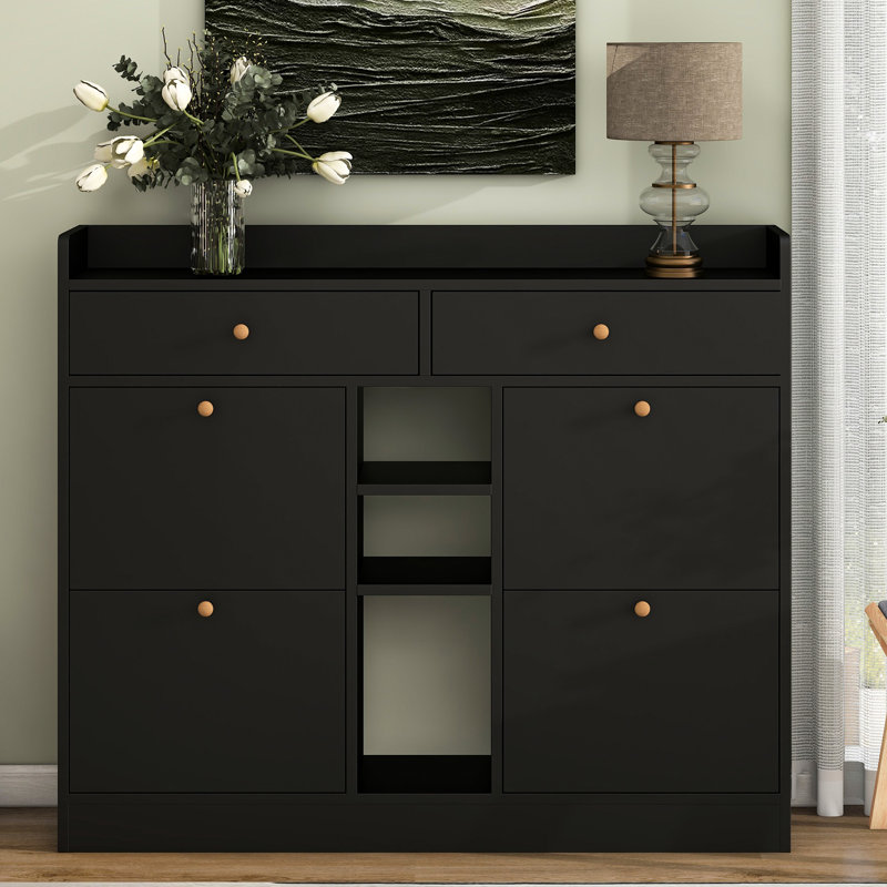 2 rangements de chaussures avec 4 tiroirs rabattables, noir, armoire pour porte d'entrée moderne et stable, Noir