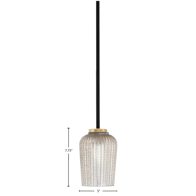 Mini-luminaire suspendu 1 lumière Amarmula, noir mat et laiton vieilli, verre texturé argenté de 5 po, Argenté/Transparent