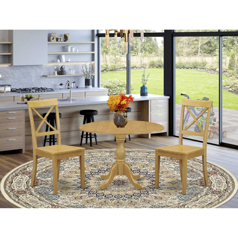 Ensemble de table de cuisine 3 pièces pour petits espaces comprenant une table de salle à manger ronde avec Dropleaf et 2 chaises en bois massif, chêne