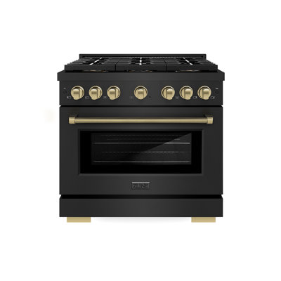 ZLINE Autograph 36 in. Paramount DuoPro Gas Range in Black Steel with Polished Gold Helix Handles