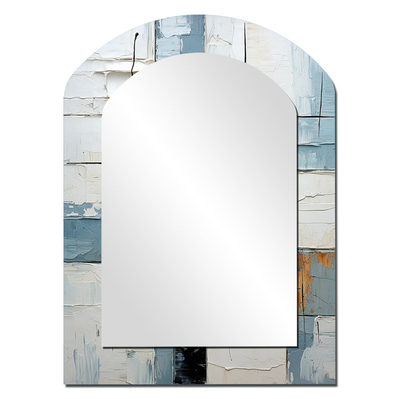 Cubisme bleu et blanc Fight I - miroir décoratif arqué de formes abstraites, miroir mural asymétrique moderne, impression d'art en métal
