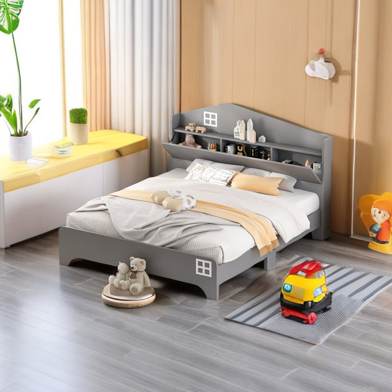 Lit simple en bois avec tête de lit, lit pour enfant et tablette de rangement, Double, gris