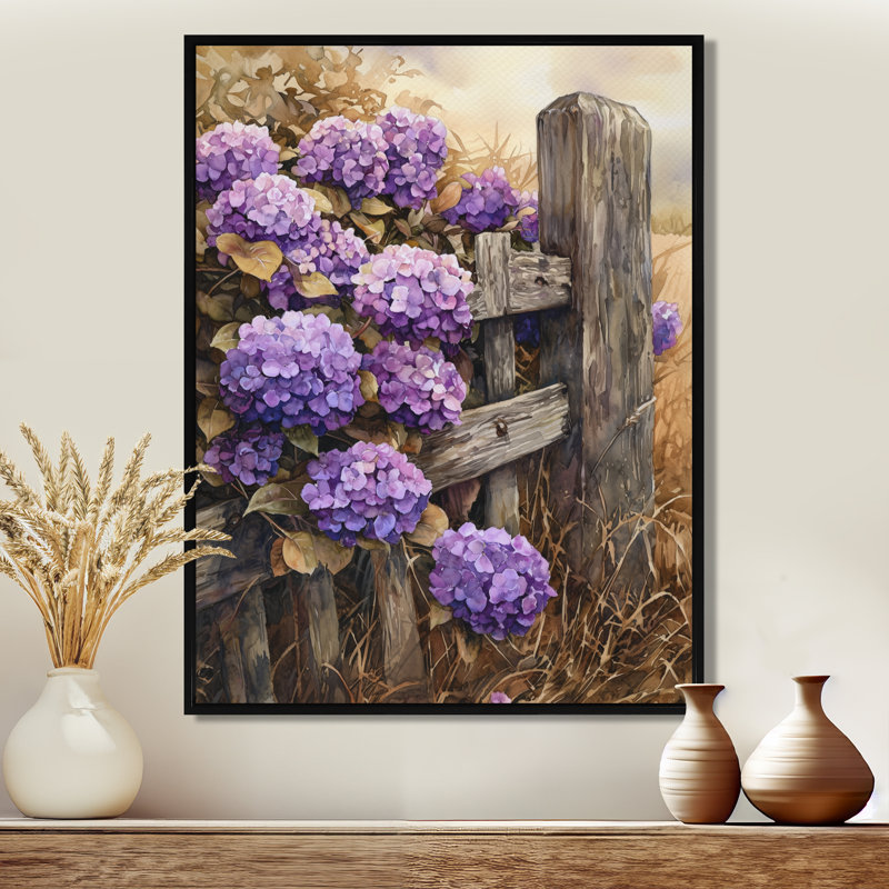«Eady Hydrangeas By The Old Fence - Hydrangea Large, art mural», Noir, Reproduction avec cadre flottant, H 20 po x l 12 po
