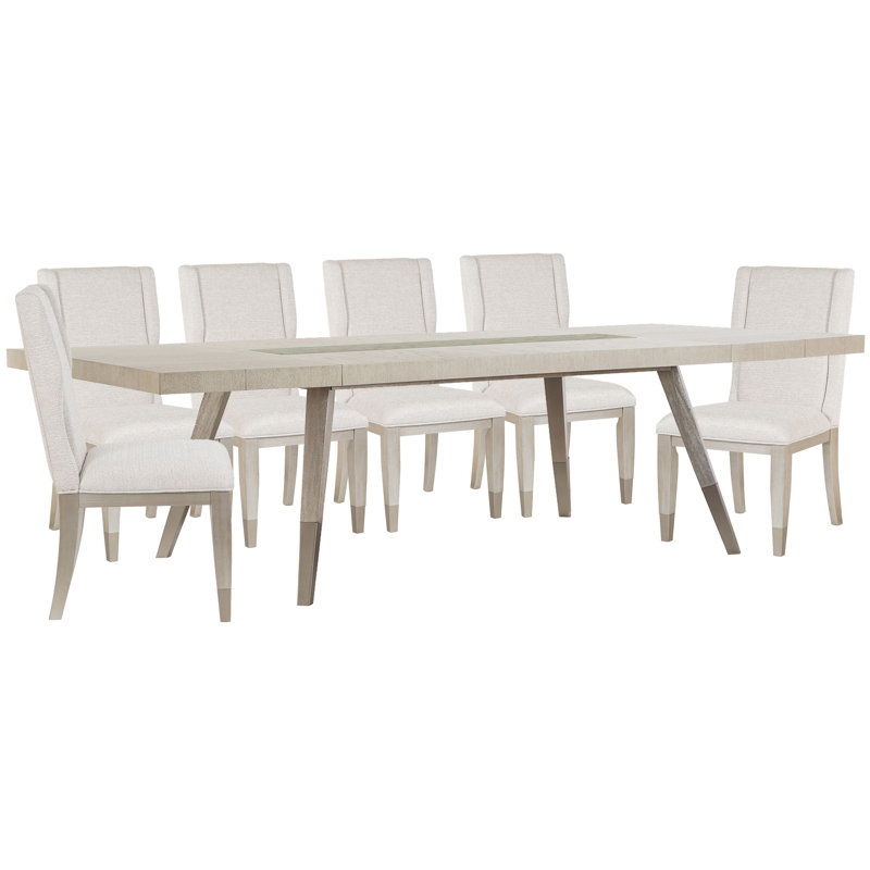 Extendable Rectangular Dining Table With 6 Host Chairs, White/Beige, 7 Pcs: Table, 6 Chairs