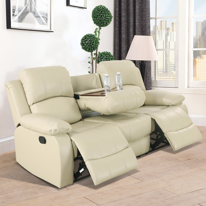 82'' Faux Leather Reclining Sofa, Beige Faux Leather