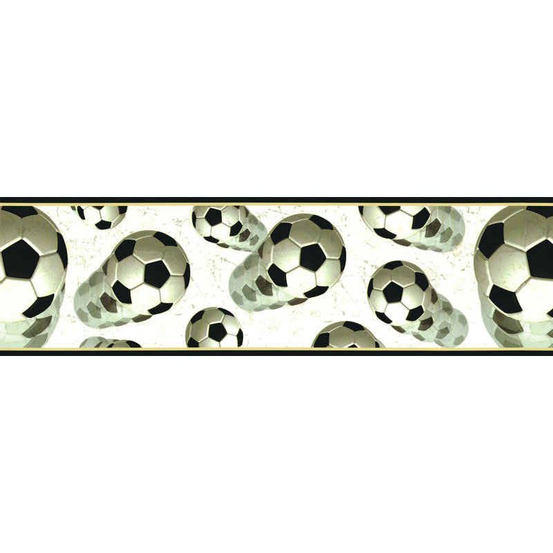 Bordure de papier peint pré-encastré - Bordure de ballons de soccer noir sportif et blanc craquelé, conception rétro, 15 pi X 6 po