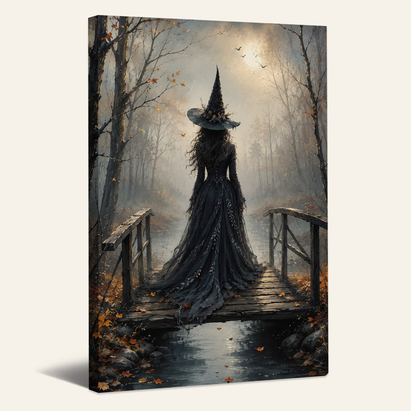 «Witch on Wooden Bridge in Moonlit Forest», art mural sur toile, H 48 po x l 36 po
