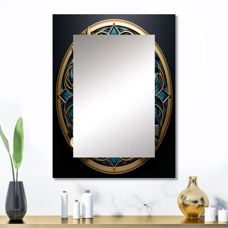 Seal Of Gold And Teal 3D Flowers - Botanicals Decorative Mirror, Modern Wall Mirror, Printed Metal Art, 32" x 24"