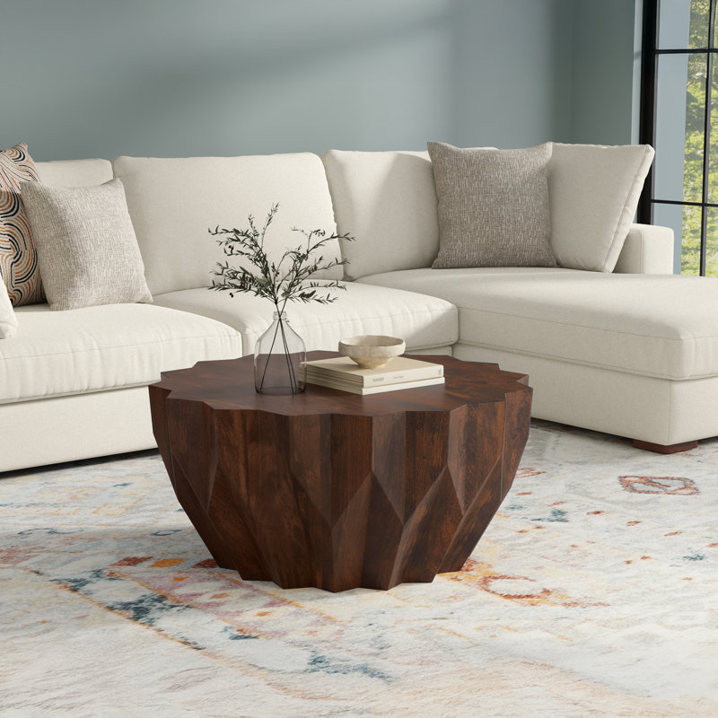 Turnbull 34"W Solid Mango Wood Contemporary Round Coffee Table with Faceted Drum Design and Geometric Edges