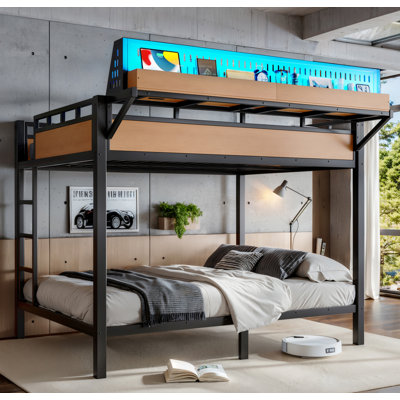 Grand lit superposé en métal avec tablettes de rangement et panneau perforé pour grand lit et grand lit, cadre de lit superposé avec ports USB et lumières DEL, peu encombrant, pour les adolescents et les adultes, naturel