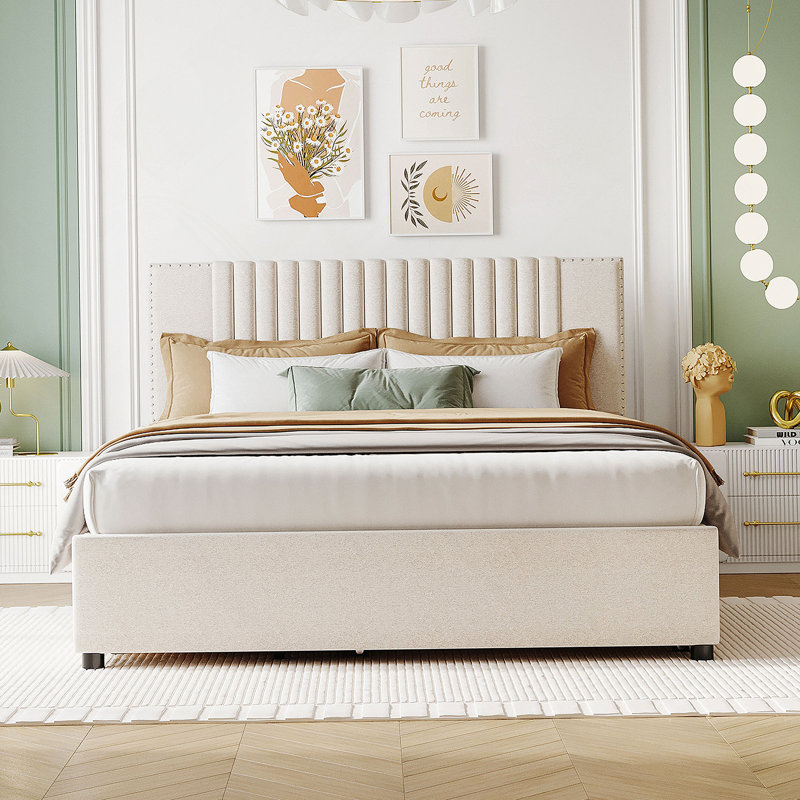 Lit plateforme tapissier avec 2 tiroirs et 1 lit gigogne simple