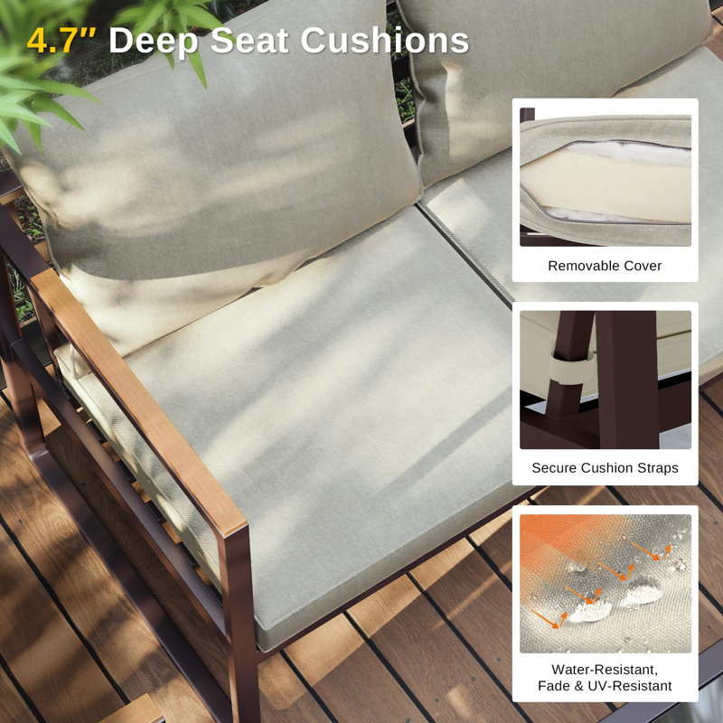 4 Person Sofa Set with Removable & Washable Deep Seating Cushion and Tempered Glass Table, Beige/Coffee