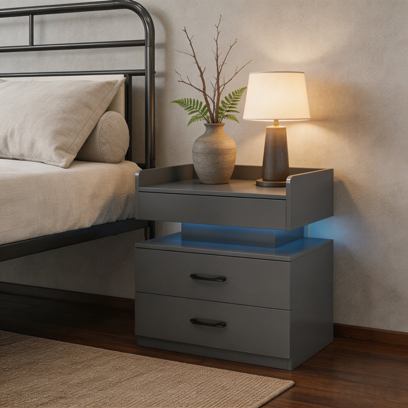 Table de chevet avec éclairage DEL réglable, 2 tiroirs et grand espace de rangement – ​​Table d'appoint moderne pour chambre, salon et bureau