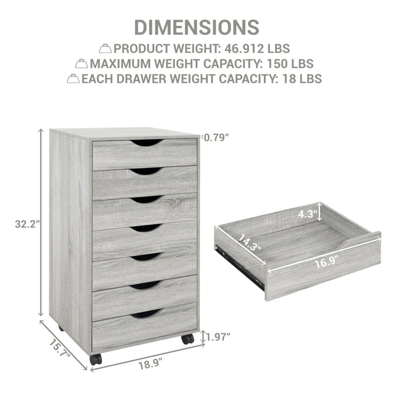 Garysburg 7-Drawer Office Storage File Cabinet on Wheels, Desk Filing Drawer Unit