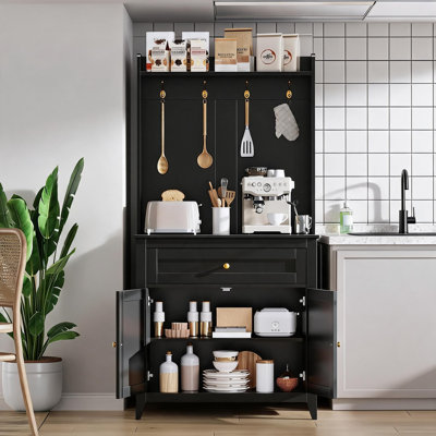 63'' Pantry Cabinet with 4 Hooks, Kitchen Storage Cabinet with Charging Station, Coffee Bar Table for Living Room, Dining Room, 1 Large Drawer, Adjustable Shelves, Black