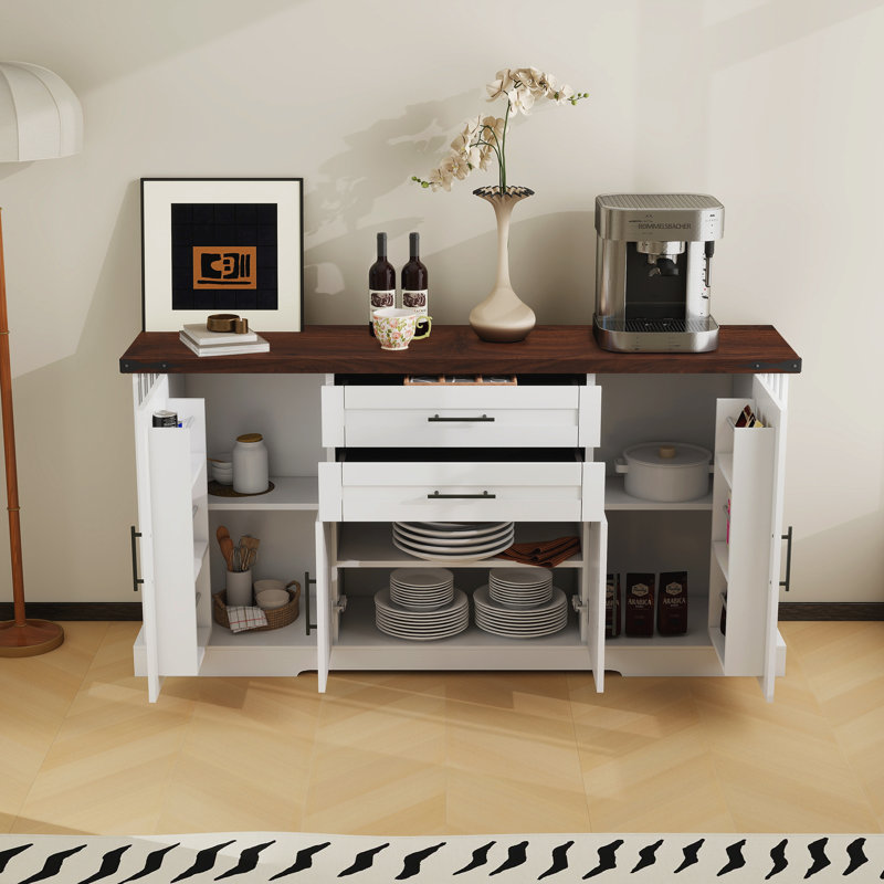 Farmhouse Barn Door Storage Cabinet With 2 Drawers & Door Rack,Large Buffet Table Coffee Bar Cabinet With Adjustable Shelves