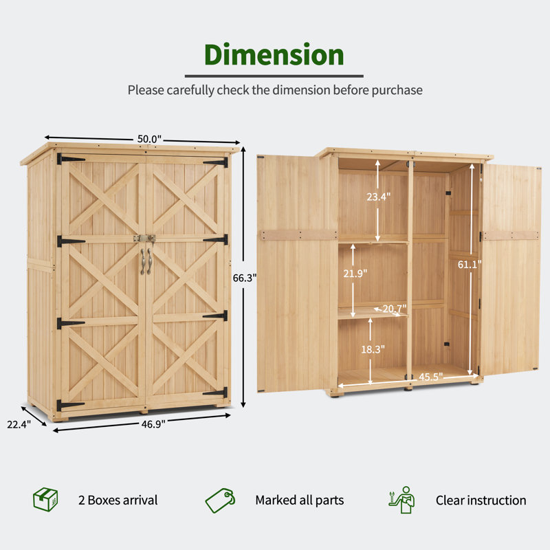 Large Beige Fir Wood Outdoor Storage Cabinet with Shelves
