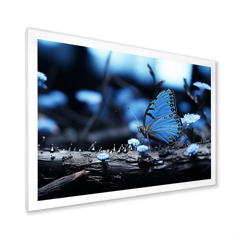 Forêt de papillons bleu forêt - impression, H 16 po x l 32 po x P 1 po, Cadre simple blanc