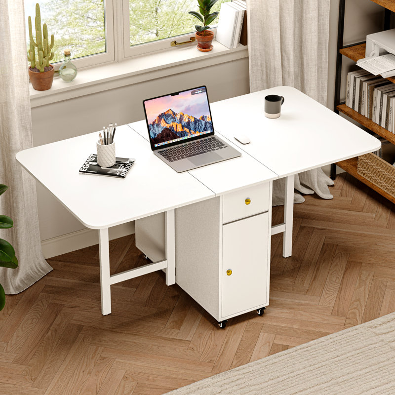 Aucune table d'assemblage requise, table de salle à manger pliante blanche de 57 po pour les petits espaces, table à rallonge rectangulaire en bois extensible avec roues verrouillables et rangement pour la cuisine, le salon et la salle à manger