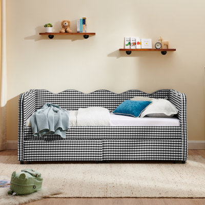 Lit de jour simple en vichy douillet avec 2 tiroirs de rangement, port de chargement USB, tête de lit ondulée, canapé-lit en lin