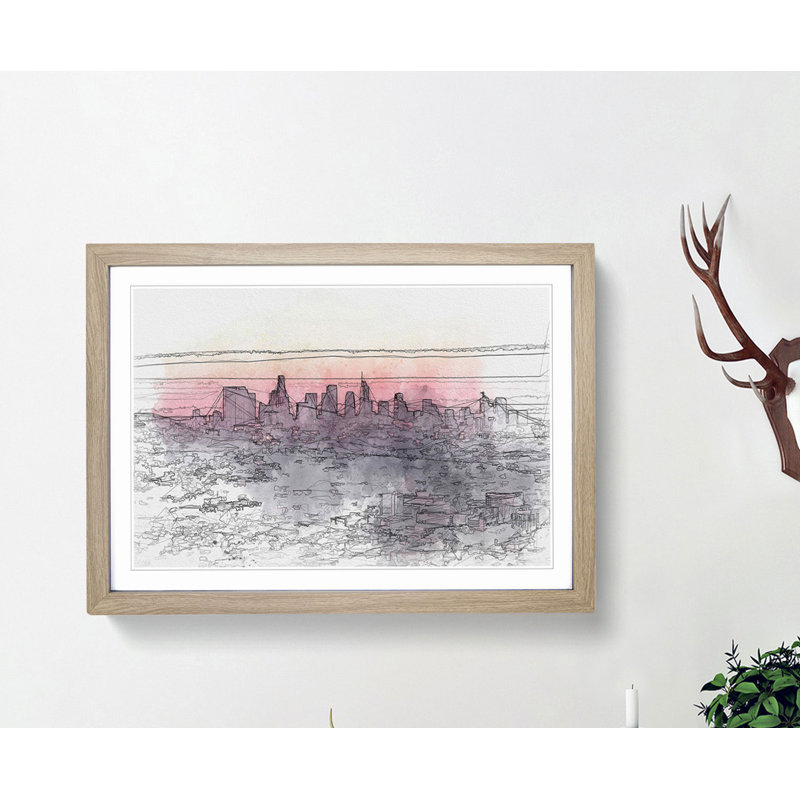 Los Angeles Skyline in the Morning in Abstract - Picture Frame Graphic Art Print, 60cm H x 91cm W x 2cm D, Oak