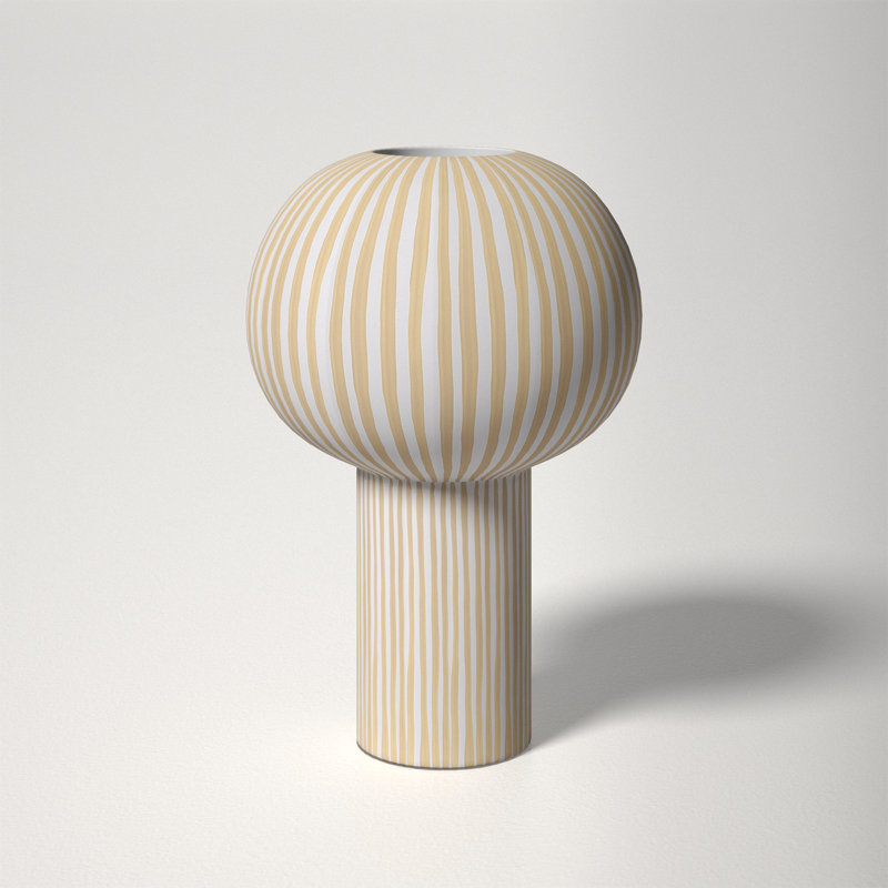 White and Taupe Striped Ceramic Cylinder Table Vase
