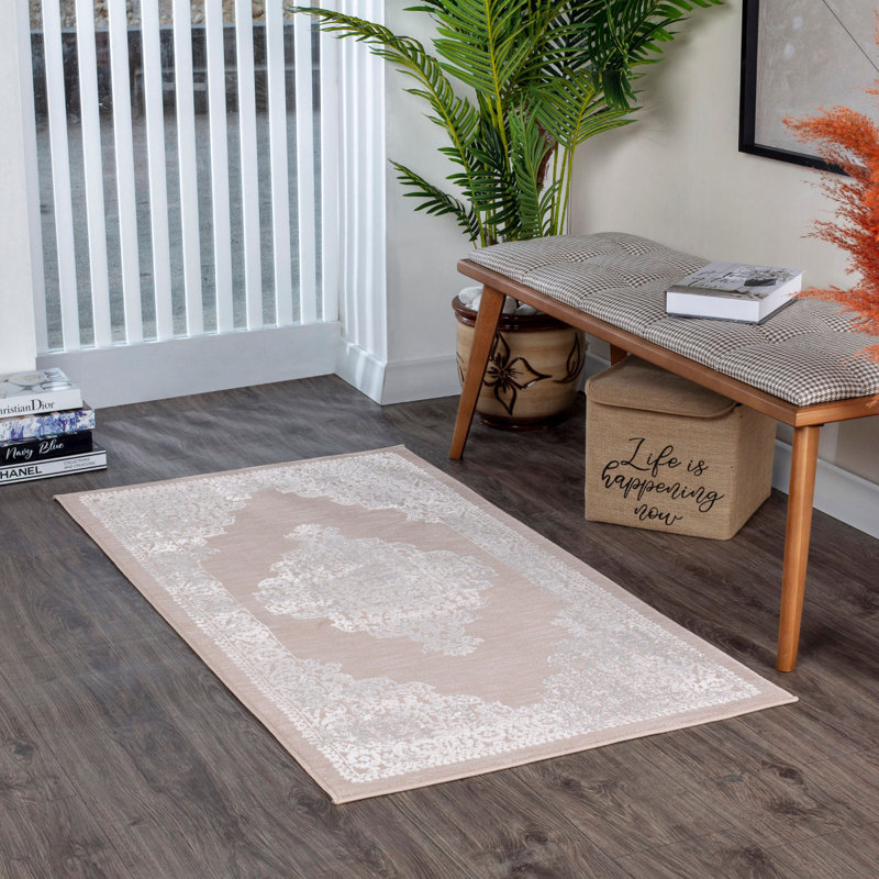 Beige Traditional Rug, Bordered Floral Easy to Clean Rug For Living Room, Dining Room, Bedroom, Rectangle 80 x 150cm