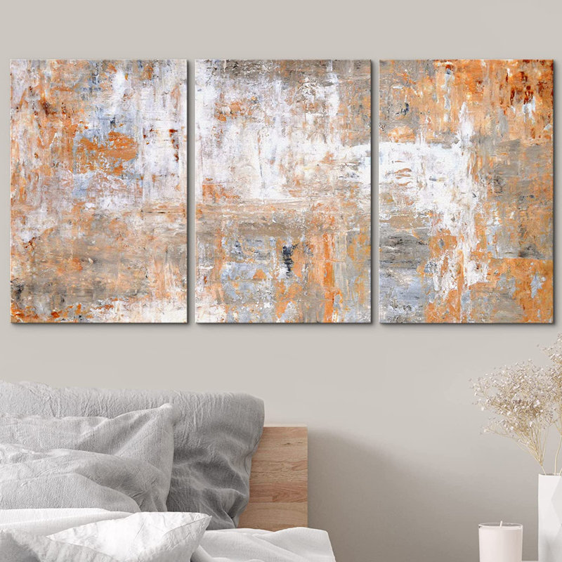 «Triptych Abstract Orange Grunge Brushstrokes», 3 pièces, reproduction d'art sur toile, salon, H 24 po x l 16 po, Sans cadre