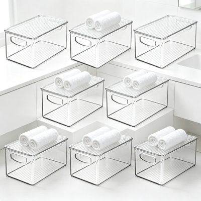Boîte de rangement pour salle de bain profonde en plastique avec couvercle et poignées encastrées